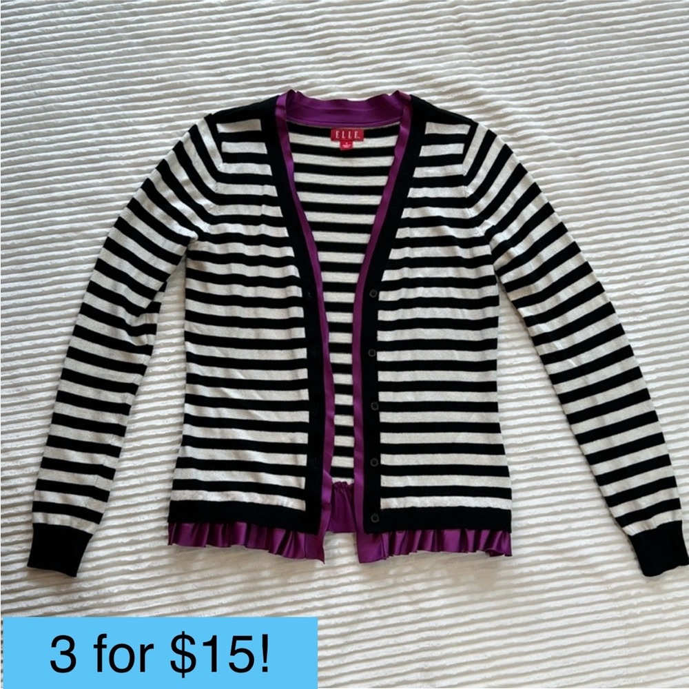 Elle Button Cardigan Black White Stripes with Purple Fuschia Silk Trim Small